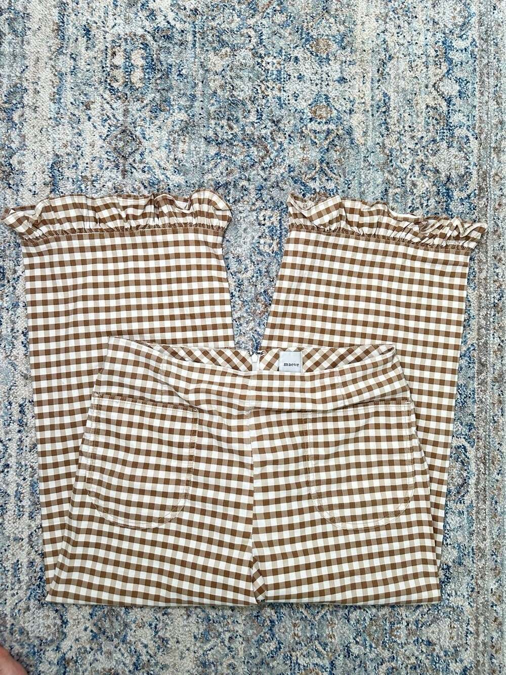 Maeve The Colette Pants 31P Brown White Gingham Plaid Ruffle Hem Crop